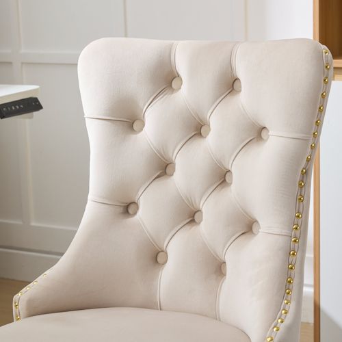 Chaise De Bureau Réglable Et Pivotante Velours Beige Avec Base Métal Doré