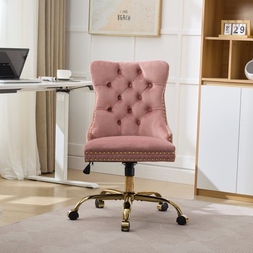 Chaise De Bureau Réglable Et Pivotante Velours Rose Avec Base Métal Doré