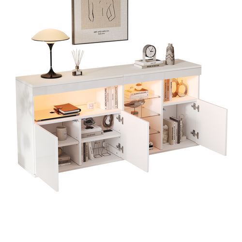 Buffet Blanc LED 155,5 X 35 X 72 Cm, 3 Portes, 3 Étagères En Verre, Finition Laquée, Salon Et Entrée