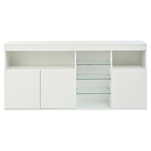 Buffet Blanc LED 155,5 X 35 X 72 Cm, 3 Portes, 3 Étagères En Verre, Finition Laquée, Salon Et Entrée