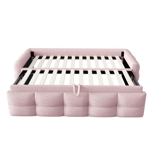 Lit Gigogne Enfant 90/180x190 Cm Tissu Teddy Rose, Sommier à Lattes