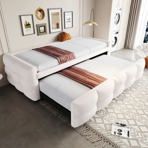 Lit Gigogne Enfant 90/180x190 Cm Tissu Teddy Beige Avec Sommier à Lattes