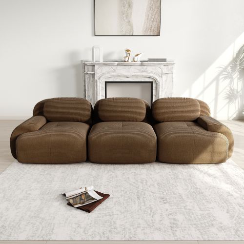 Canapé Modulable 3 Places En Velours Côtelé Marron, Sans Montage