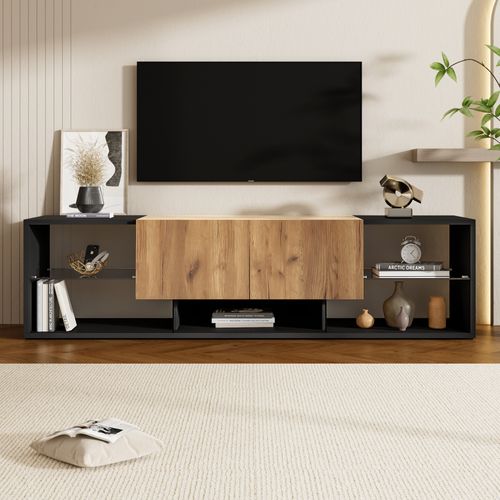 Meuble TV Noir Et Bois LED 160x40x42 Cm, 3 Niveaux Avec Étagère En Verre Et 2 Tiroirs