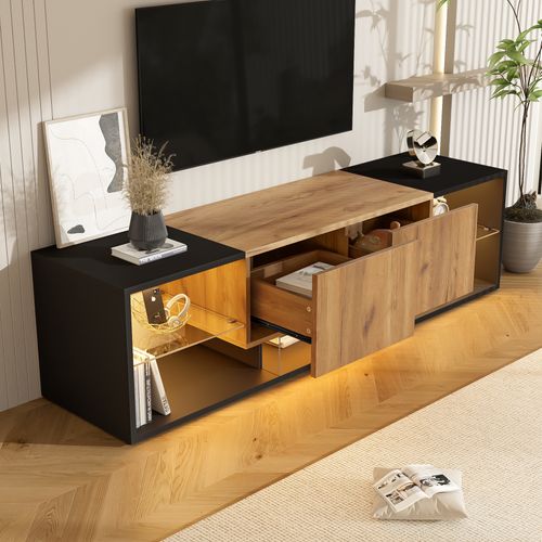 Meuble TV Noir Et Bois LED 160x40x42 Cm, 3 Niveaux Avec Étagère En Verre Et 2 Tiroirs