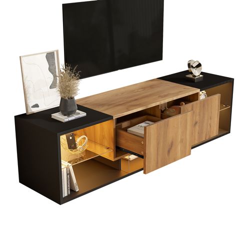 Meuble TV Noir Et Bois LED 160x40x42 Cm, 3 Niveaux Avec Étagère En Verre Et 2 Tiroirs