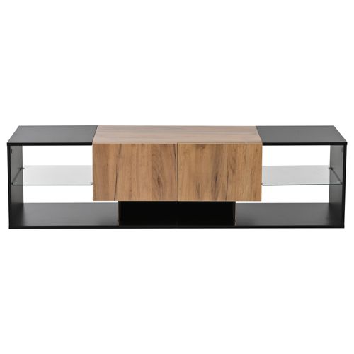 Meuble TV Noir Et Bois LED 160x40x42 Cm, 3 Niveaux Avec Étagère En Verre Et 2 Tiroirs