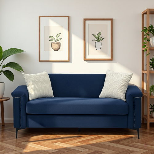 Canapé 2 Places 172 Cm En Lin Bleu Avec Pieds Métal Noirs Et Clous Décoratifs