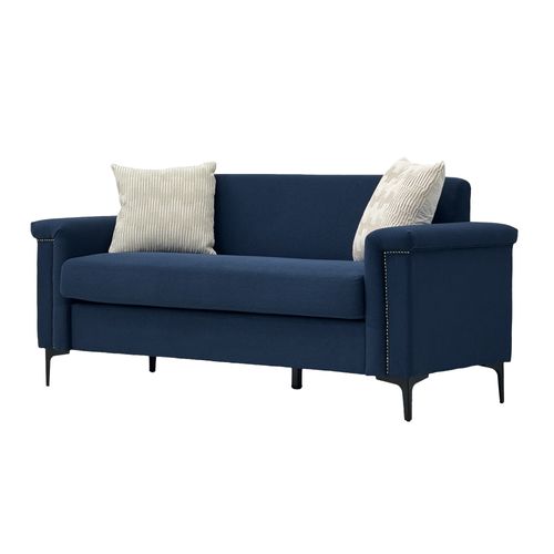 Canapé 2 Places 172 Cm En Lin Bleu Avec Pieds Métal Noirs Et Clous Décoratifs