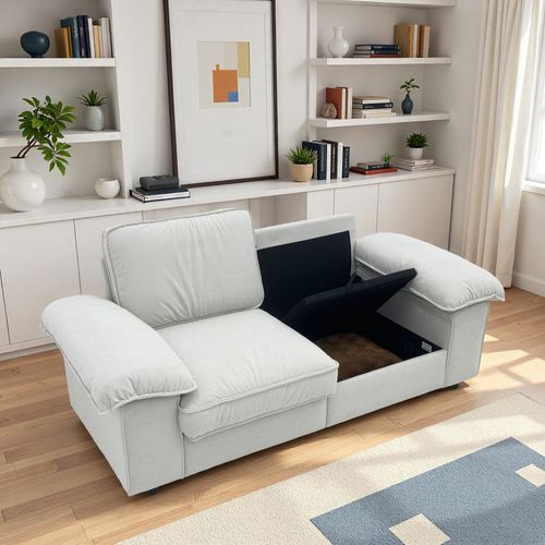 Canapé 2 Places 201 Cm Avec Coffre De Rangement En Tissu Blanc Crème, Structure En Bois