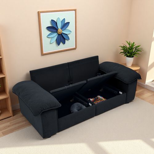 Canapé 2 Places 201 Cm Avec Coffre De Rangement En Tissu Noir, Structure En Bois