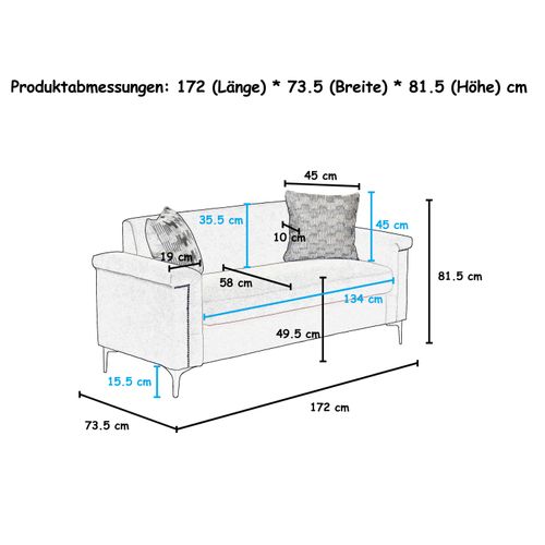 Canapé 2 Places 172×73.5×81.5 Cm Lin Noir, Cadre En Bois, Pieds Métal 15.5 Cm