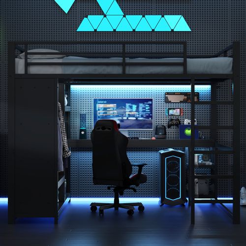 Lit Mezzanine Adulte 160x200 Cm LED Avec Bureau, Penderie, Rangements, Métal Noir