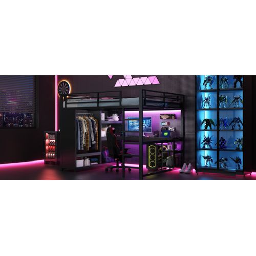 Lit Mezzanine Adulte 160x200 Cm LED Avec Bureau, Penderie, Rangements, Métal Noir