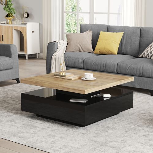 Table Basse Carrée 70x70x36 Cm Rotative Avec Tiroir, Plateau Bois Noyer Et Piétement Noir Laqué