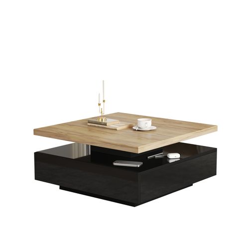 Table Basse Carrée 70x70x36 Cm Rotative Avec Tiroir, Plateau Bois Noyer Et Piétement Noir Laqué