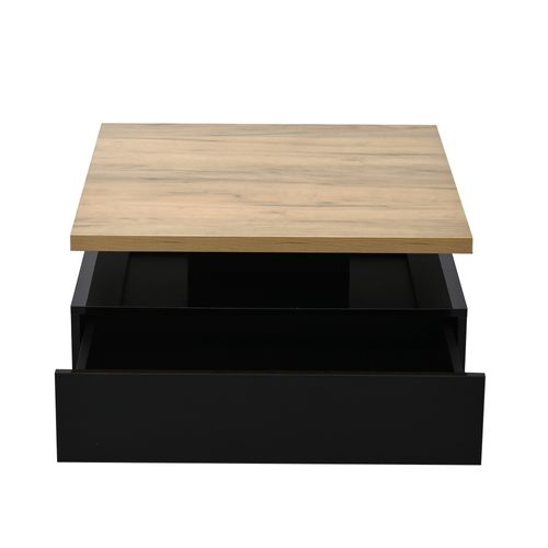 Table Basse Carrée 70x70x36 Cm Rotative Avec Tiroir, Plateau Bois Noyer Et Piétement Noir Laqué