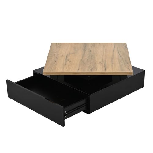 Table Basse Carrée 70x70x36 Cm Rotative Avec Tiroir, Plateau Bois Noyer Et Piétement Noir Laqué