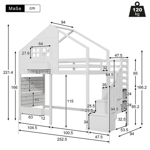 Lit Superposé 90x200 Cm Lit Cabane Enfant Bois Blanc Avec Étagère Et Rangements