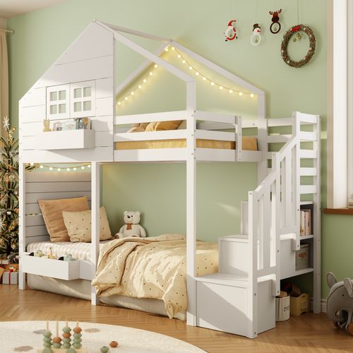 Lit Superposé 90x200 Cm Lit Cabane Enfant Bois Blanc Avec Étagère Et Rangements