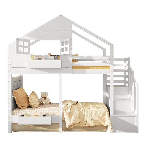 Lit Superposé 90x200 Cm Lit Cabane Enfant Bois Blanc Avec Étagère Et Rangements