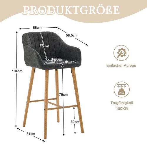 Lot De 2 Tabourets De Bar 40x43,5x104 Cm En Lin Noir Avec Dossier Haut, Accoudoirs