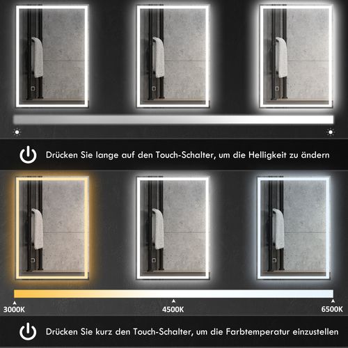 Miroir Mural LED 70x50 Cm Salle De Bains Argenté En Verre Et Aluminium, Touche Tactile