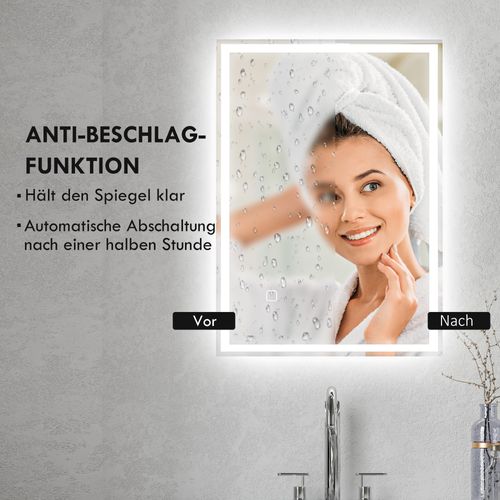 Miroir Mural LED 70x50 Cm Salle De Bains Argenté En Verre Et Aluminium, Touche Tactile