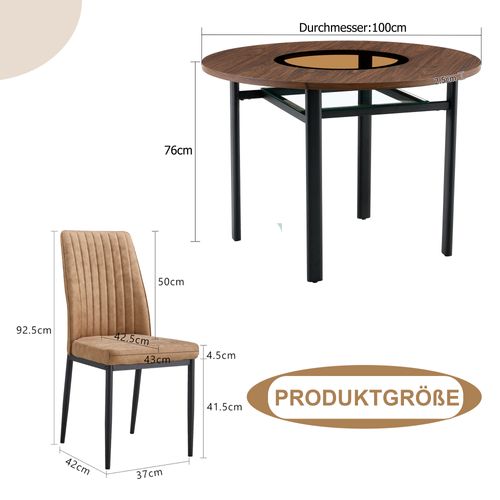 Ensemble Table à Manger 100 Cm Verre Et Bois Brun Avec 4 Chaises Tissu Brun Et Métal Noir