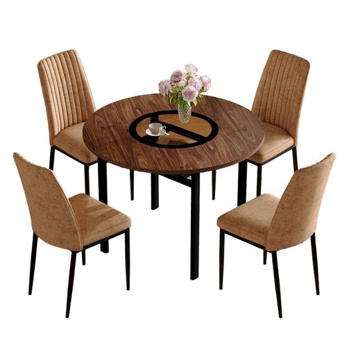 Ensemble Table à Manger 100 Cm Verre Et Bois Brun Avec 4 Chaises Tissu Brun Et Métal Noir