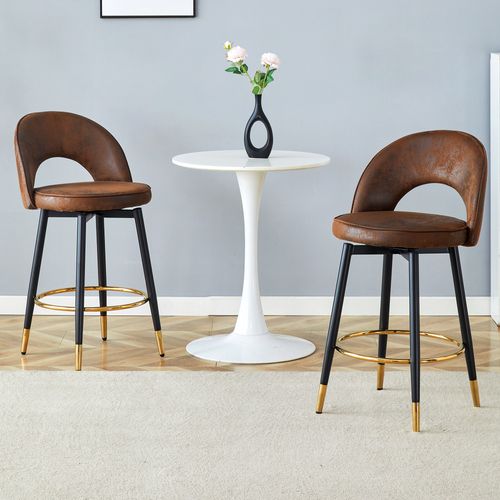Lot De 2 Tabourets De Bar Pivotant En Simili Brun, Pieds Métal Et Détails Dorés