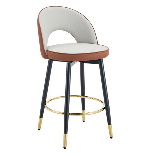 Lot De 2 Tabourets De Bar Pivotant En Simili Gris Clair Et Brun, Pieds Métal Et Détails Dorés