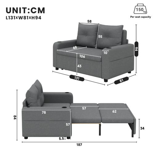 Canapé Convertible 2 Places Avec Ports USB/type-c, Lin Gris, Salon Et Chalmbre