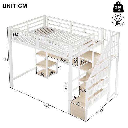Lit Mezzanine Adulte 140x200 Cm Métal Blanc Avec Bureau, LED Et USB
