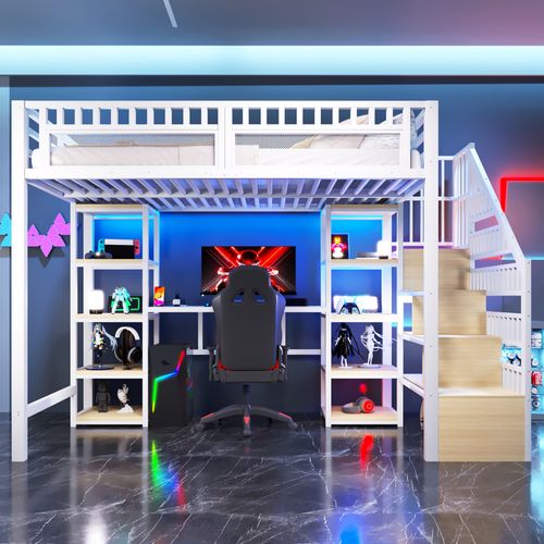 Lit Mezzanine Adulte 140x200 Cm Métal Blanc Avec Bureau, LED Et USB