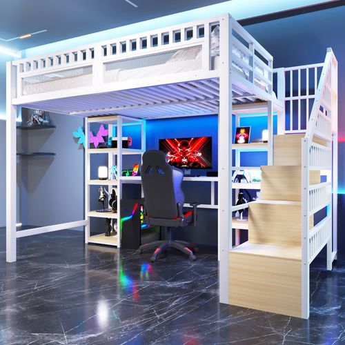 Lit Mezzanine Adulte 140x200 Cm Métal Blanc Avec Bureau, LED Et USB