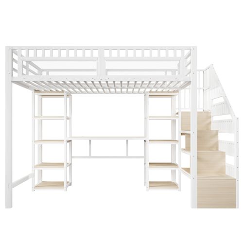 Lit Mezzanine Adulte 140x200 Cm Métal Blanc Avec Bureau, LED Et USB
