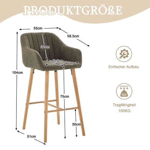 Lot De 2 Tabourets De Bar 58,5x55x104 Cm Avec Dossier Haut, Accoudoirs, Lin Vert, Pieds En Bois