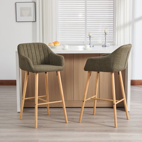Lot De 2 Tabourets De Bar 58,5x55x104 Cm Avec Dossier Haut, Accoudoirs, Lin Vert, Pieds En Bois
