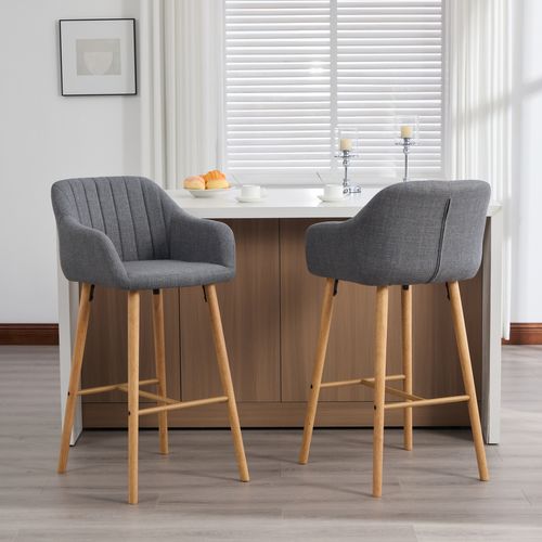 Lot De 2 Tabourets De Bar 58,5x55x104 Cm Avec Dossier Haut, Accoudoirs Lin Gris, Pieds En Bois