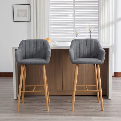 Lot De 2 Tabourets De Bar 58,5x55x104 Cm Avec Dossier Haut, Accoudoirs Lin Gris, Pieds En Bois