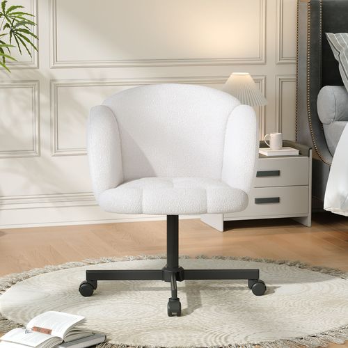 Fauteuil De Bureau Pivotante Sur Roulettes, Réglable En Hauteur, Tissu Teddy Beige