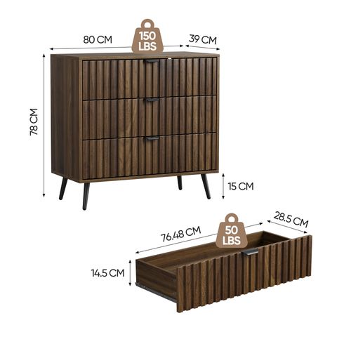 Commode 3 Tiroirs Couleur Bois Noyer 80x39x78 Cm, Chevet De Chambre Avec Rangement