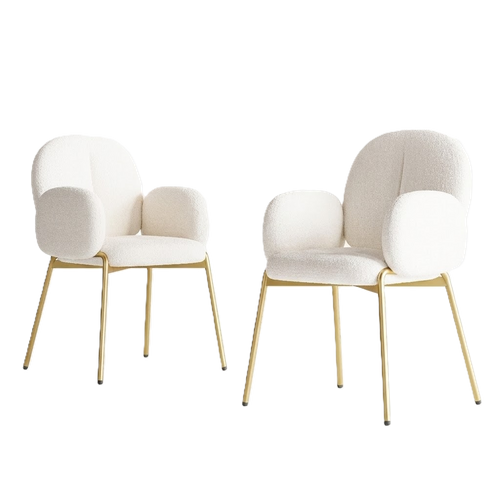 Lot De 2 Chaises Beige En Tissu Teddy, Pieds Métal Doré, Salle à Manger Et Bureau