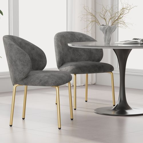 Lot De 2 Chaises En Chenille Grise Avec Pieds En Fer Doré, Salle à Manger Et Bureau
