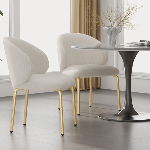 Lot De 2 Chaises En Chenille Beige Avec Pieds Métal Doré, Salle à Manger Et Bureau