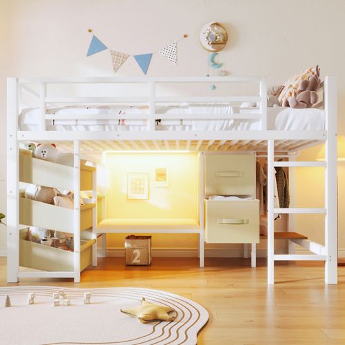 Lit Mi-haut Enfant 90x200 Cm En Métal Blanc Avec LED, Penderie Et Tiroirs De Rangement
