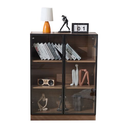 Vitrine En Verre 80x32x106 Cm Bois Couleur Noyer Naturel , Avec LED, 2 Portes Et 3 Compartiments