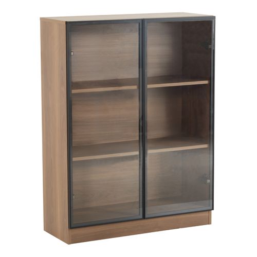 Vitrine En Verre 80x32x106 Cm Bois Couleur Noyer Naturel , Avec LED, 2 Portes Et 3 Compartiments