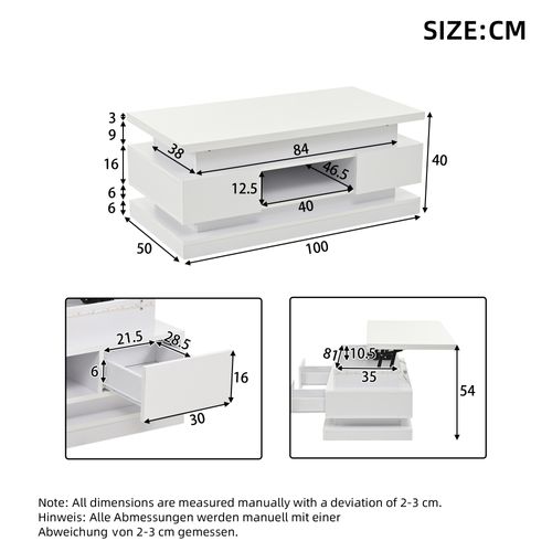 Table Basse Relevable Salon 100x50x40 Cm Avec LED, 2 Tiroirs, Blanc Brillant